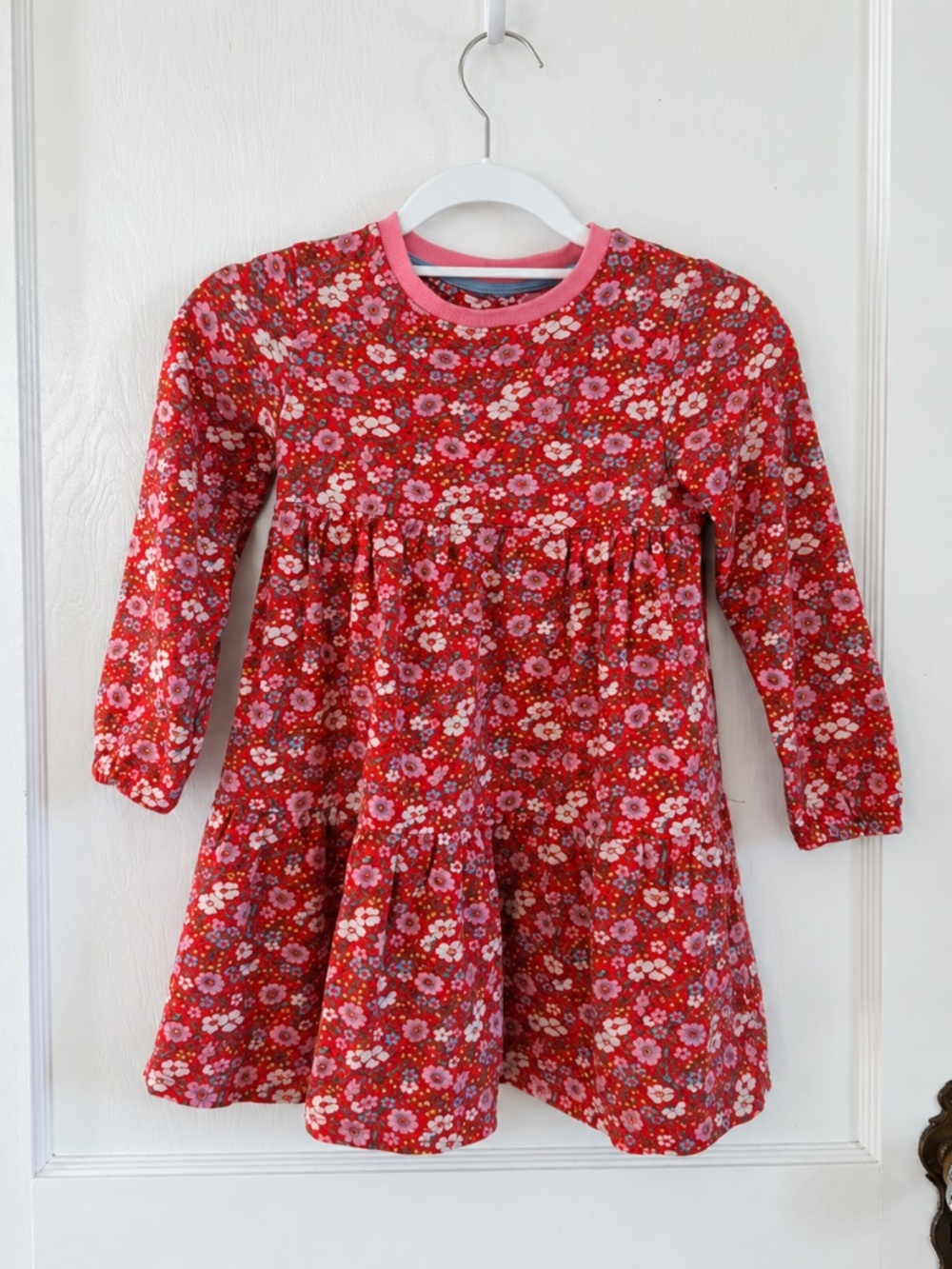 Mini Boden Red Floral Long Sleeve Tiered Jersey Dress Size 4–5Y